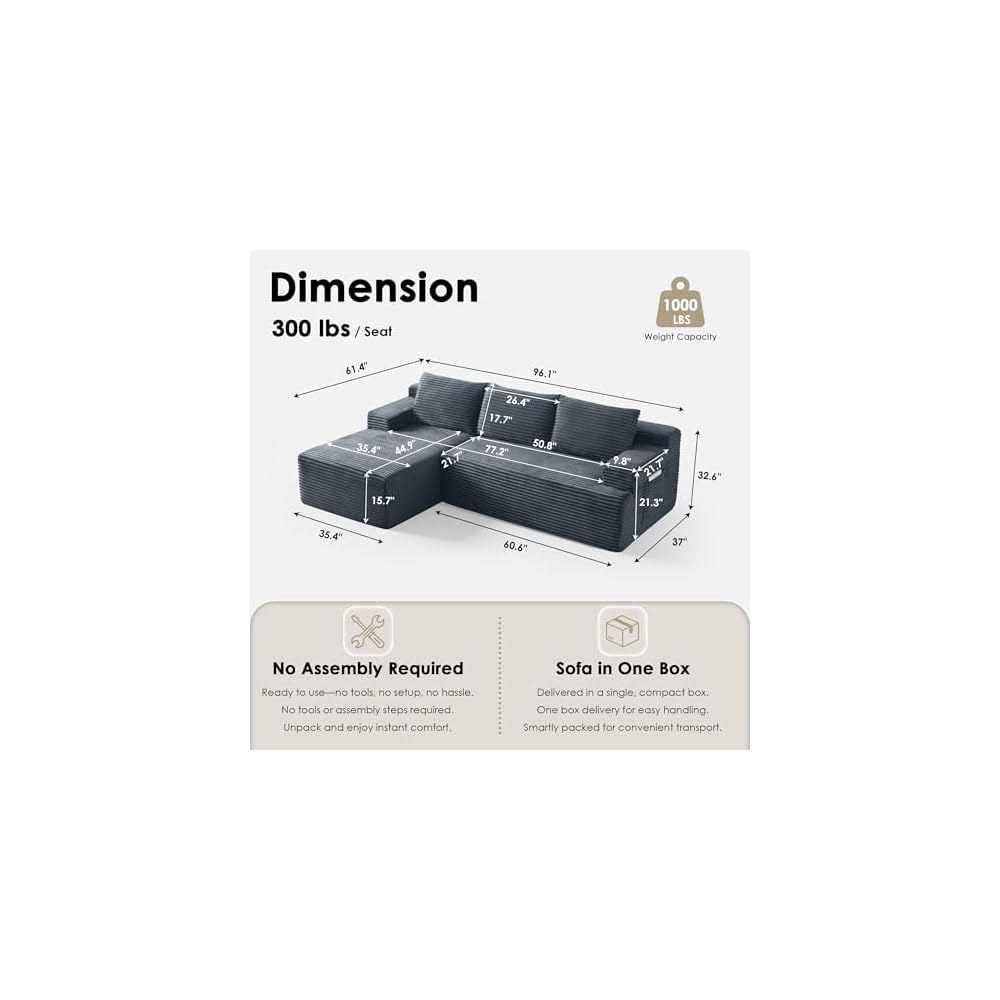 96" Boneless Couches for Living Room, L Shaped Sectional Sofa