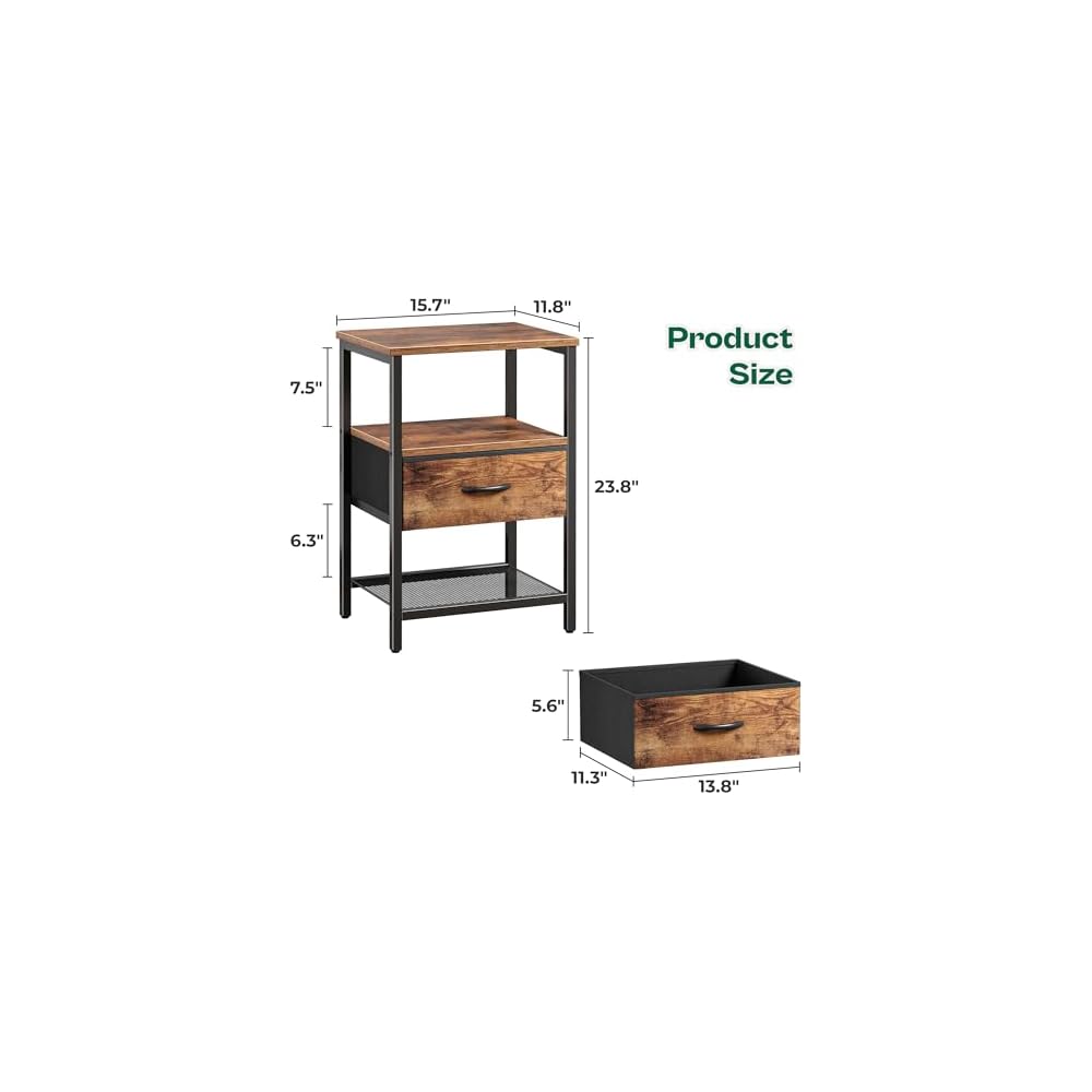 Huuger Nachttisch mit Stoffschublade, Beistelltisch mit Netzablage, Schlafzimmer-Nachttisch, Stoffschublade Kommode, offenes Regal, Metallrahmen, Wohnzimmer, Kinderzimmer, Couch-Seite, rustikales