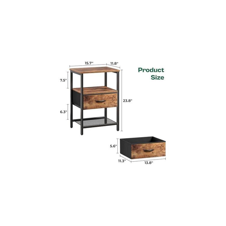 Huuger Nachttisch mit Stoffschublade, Beistelltisch mit Netzablage, Schlafzimmer-Nachttisch, Stoffschublade Kommode, offenes Regal, Metallrahmen, Wohnzimmer, Kinderzimmer, Couch-Seite, rustikales