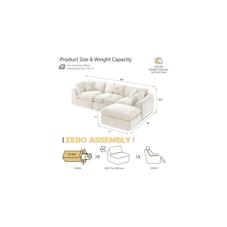 SITJOY 110" Boneless Sectional Couch, Modular Cloud Couch with Washable Covers, Soft Deep Seat Comfy Sofa with Chaise, 3 Seater L Shaped Sofa with Chaise, Chenille in White