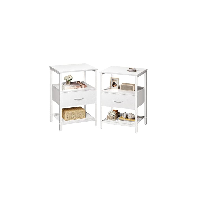 Huuger Nachttisch mit Stoffschublade, Beistelltisch mit Netzablage, Schlafzimmer-Nachttisch, Stoffschublade Kommode, offenes Regal, Metallrahmen, Wohnzimmer, Kinderzimmer, Couch-Seite, rustikales