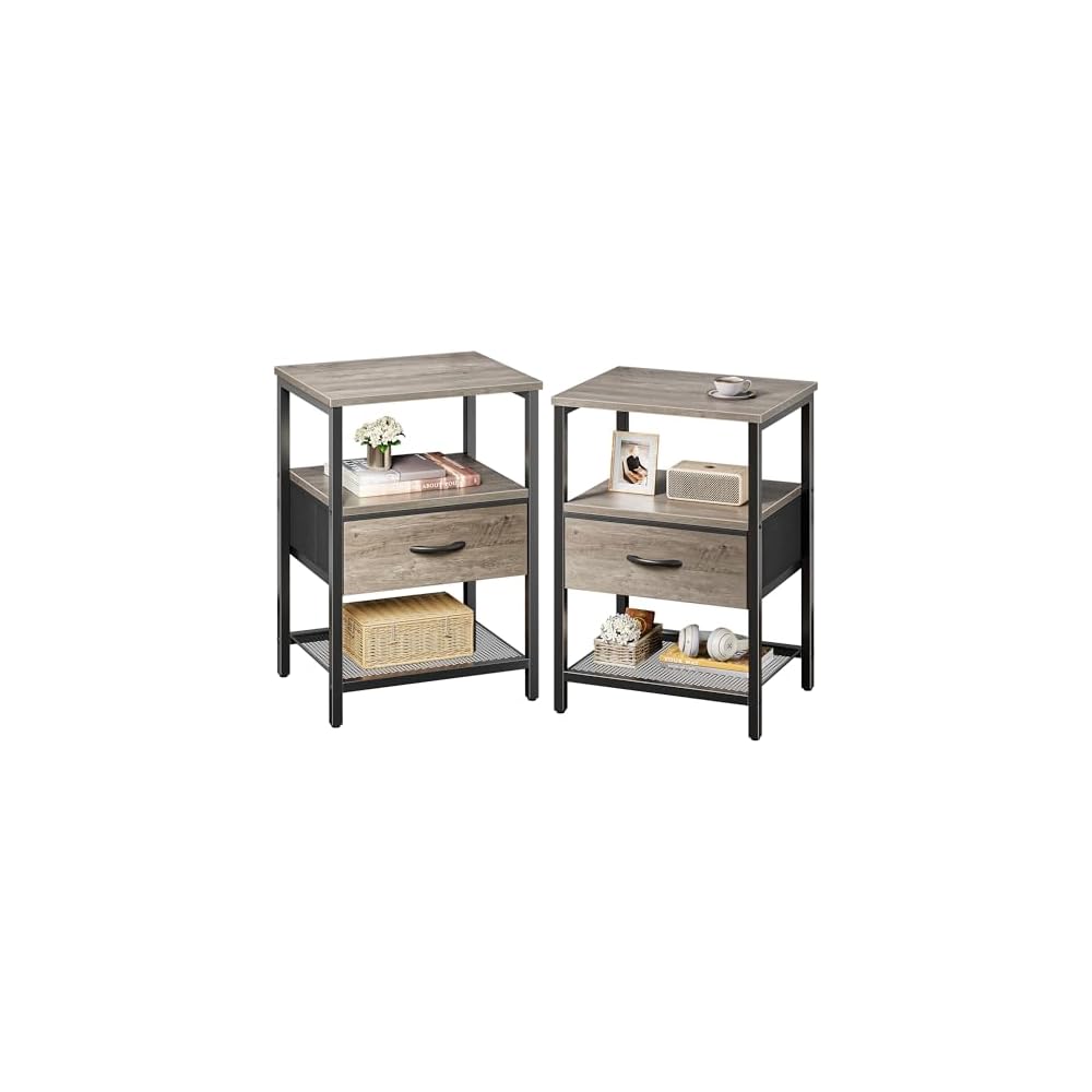 Huuger Nachttisch mit Stoffschublade, Beistelltisch mit Netzablage, Schlafzimmer-Nachttisch, Stoffschublade Kommode, offenes Regal, Metallrahmen, Wohnzimmer, Kinderzimmer, Couch-Seite, rustikales