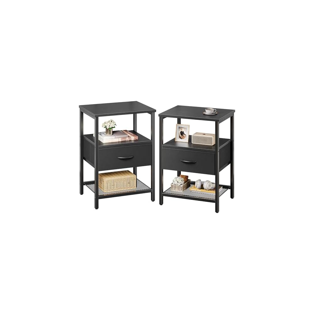 Huuger Nachttisch mit Stoffschublade, Beistelltisch mit Netzablage, Schlafzimmer-Nachttisch, Stoffschublade Kommode, offenes Regal, Metallrahmen, Wohnzimmer, Kinderzimmer, Couch-Seite, rustikales