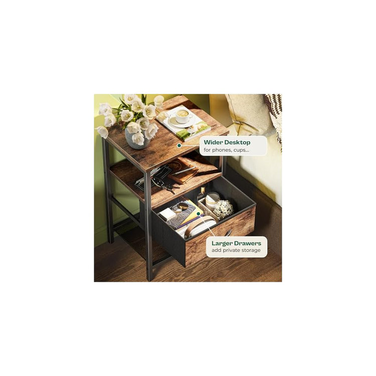 Huuger Nachttisch mit Stoffschublade, Beistelltisch mit Netzablage, Schlafzimmer-Nachttisch, Stoffschublade Kommode, offenes Regal, Metallrahmen, Wohnzimmer, Kinderzimmer, Couch-Seite, rustikales