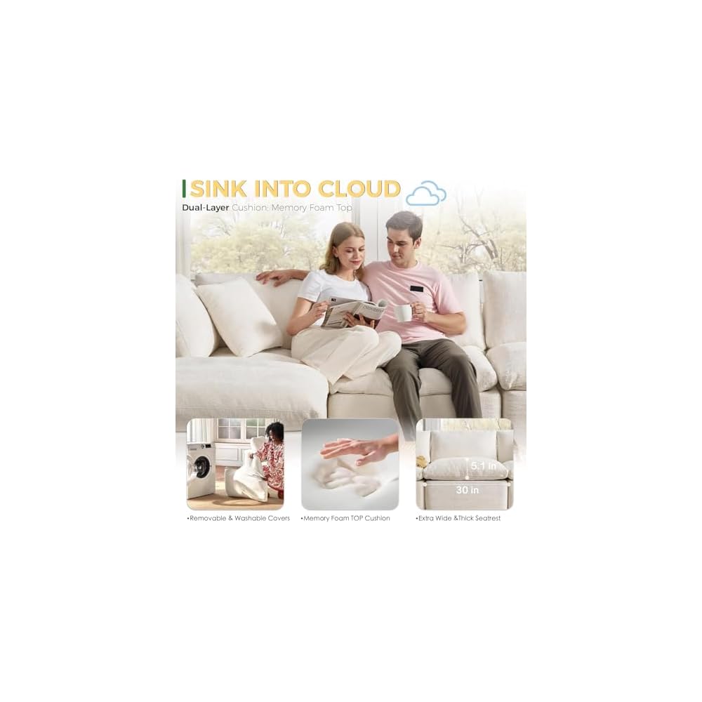 SITJOY 110" Boneless Sectional Couch, Modular Cloud Couch with Washable Covers, Soft Deep Seat Comfy Sofa with Chaise, 3 Seater L Shaped Sofa with Chaise, Chenille in White