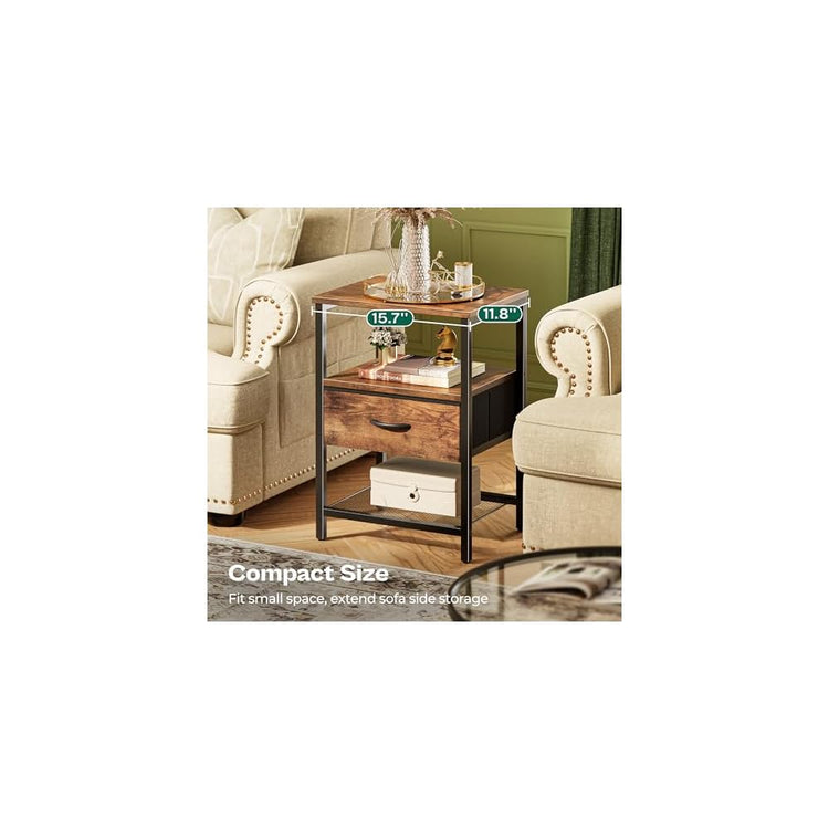Huuger Nachttisch mit Stoffschublade, Beistelltisch mit Netzablage, Schlafzimmer-Nachttisch, Stoffschublade Kommode, offenes Regal, Metallrahmen, Wohnzimmer, Kinderzimmer, Couch-Seite, rustikales