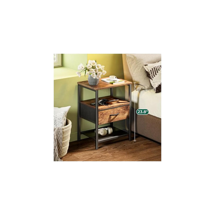 Huuger Nachttisch mit Stoffschublade, Beistelltisch mit Netzablage, Schlafzimmer-Nachttisch, Stoffschublade Kommode, offenes Regal, Metallrahmen, Wohnzimmer, Kinderzimmer, Couch-Seite, rustikales