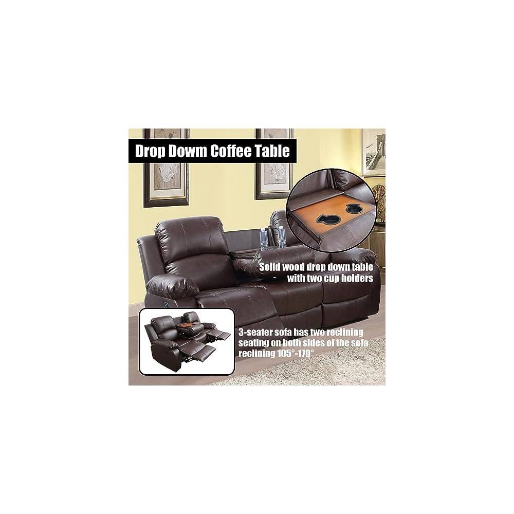 Manual Leather Recliner Sofa Set for Living Room Furniture Sets,Reclining Couch Set, Leather Couch Set for Living Room/Lounge/Club/Apartment(Brown,Sofa+Loveseat+Chair)