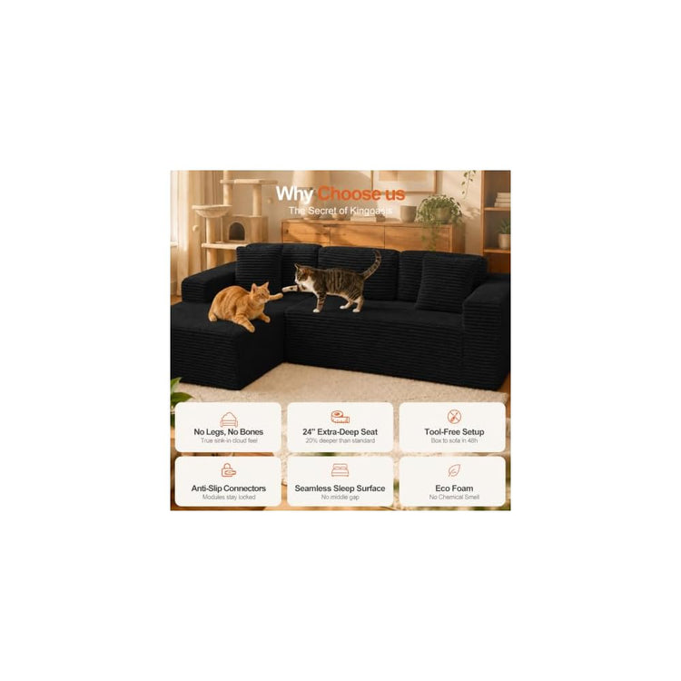 King Oasis 110" Boneless Modular Sectional Sofa with Chaise, Black
