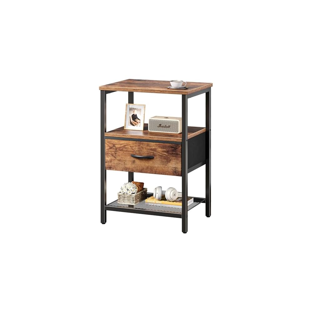 Huuger Nachttisch mit Stoffschublade, Beistelltisch mit Netzablage, Schlafzimmer-Nachttisch, Stoffschublade Kommode, offenes Regal, Metallrahmen, Wohnzimmer, Kinderzimmer, Couch-Seite, rustikales
