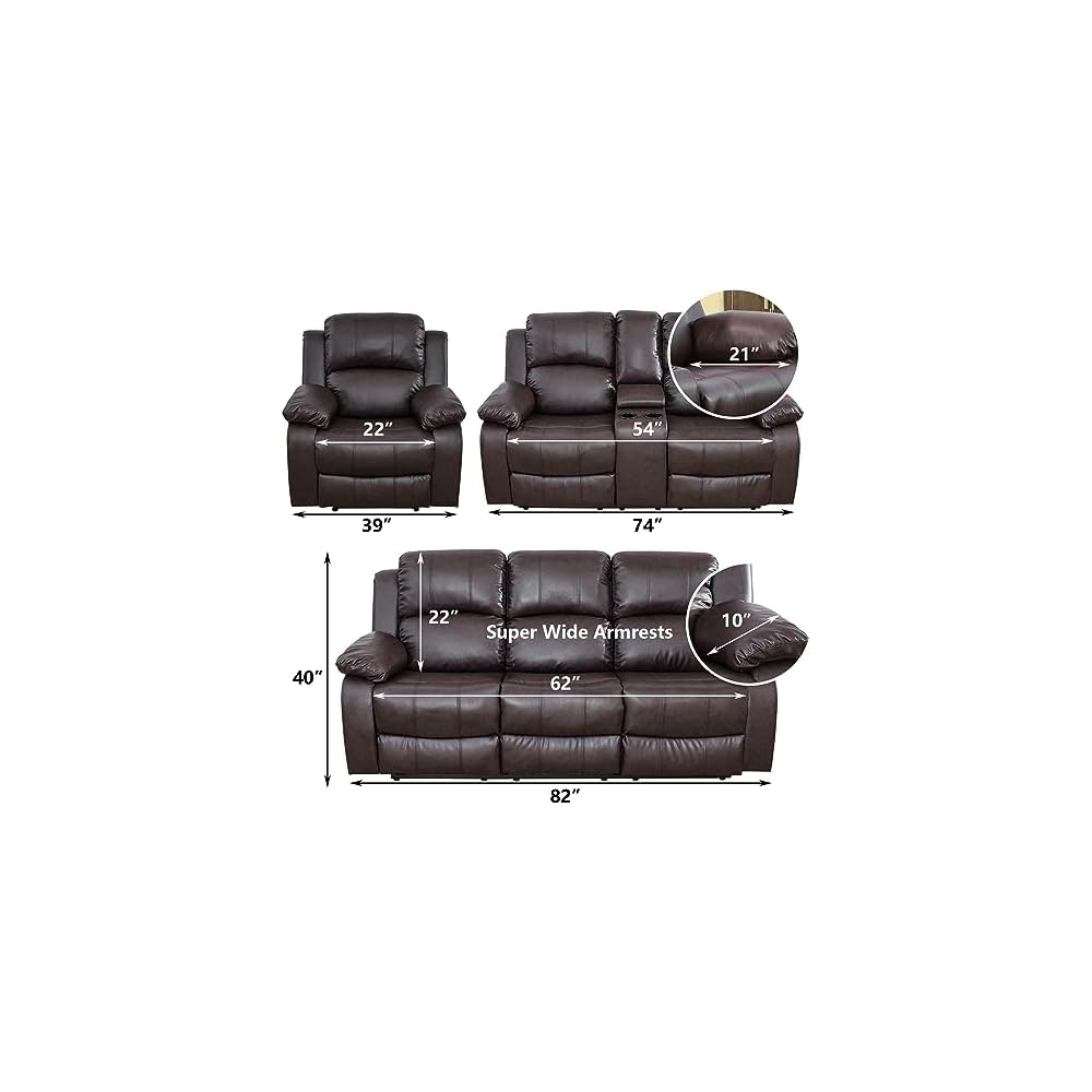 Manual Leather Recliner Sofa Set for Living Room Furniture Sets,Reclining Couch Set, Leather Couch Set for Living Room/Lounge/Club/Apartment(Brown,Sofa+Loveseat+Chair)