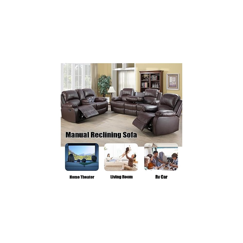 Manual Leather Recliner Sofa Set for Living Room Furniture Sets,Reclining Couch Set, Leather Couch Set for Living Room/Lounge/Club/Apartment(Brown,Sofa+Loveseat+Chair)