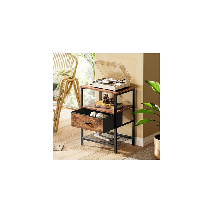Huuger Nachttisch mit Stoffschublade, Beistelltisch mit Netzablage, Schlafzimmer-Nachttisch, Stoffschublade Kommode, offenes Regal, Metallrahmen, Wohnzimmer, Kinderzimmer, Couch-Seite, rustikales