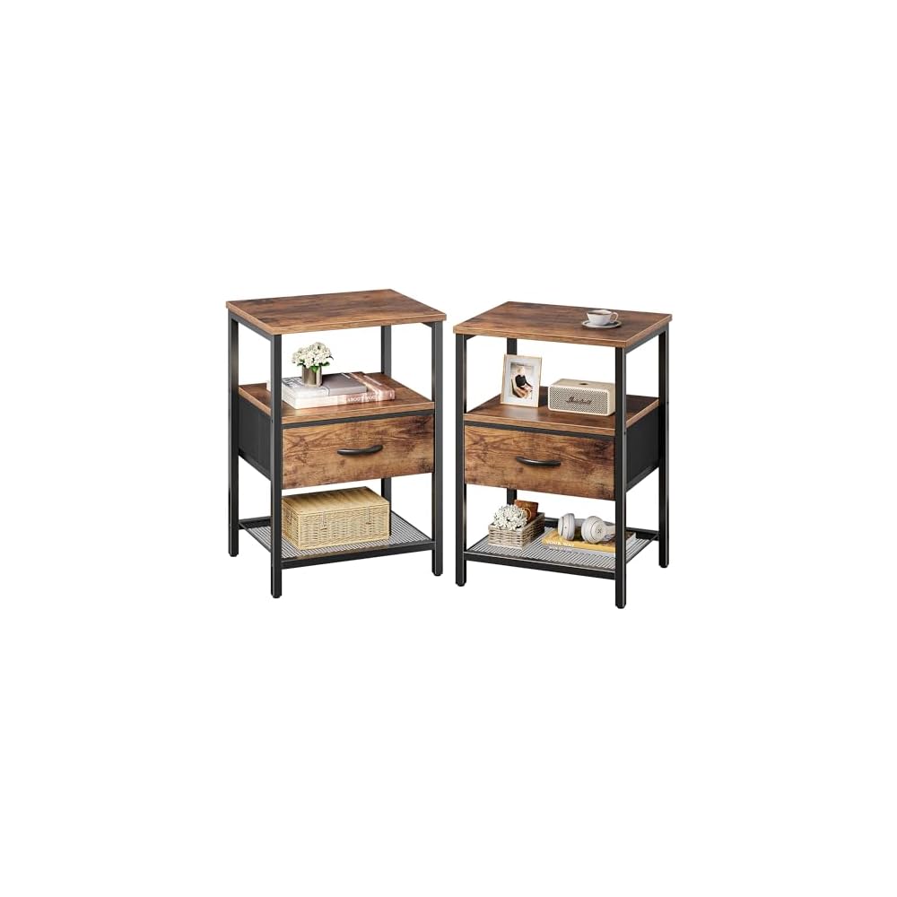 Huuger Nachttisch mit Stoffschublade, Beistelltisch mit Netzablage, Schlafzimmer-Nachttisch, Stoffschublade Kommode, offenes Regal, Metallrahmen, Wohnzimmer, Kinderzimmer, Couch-Seite, rustikales