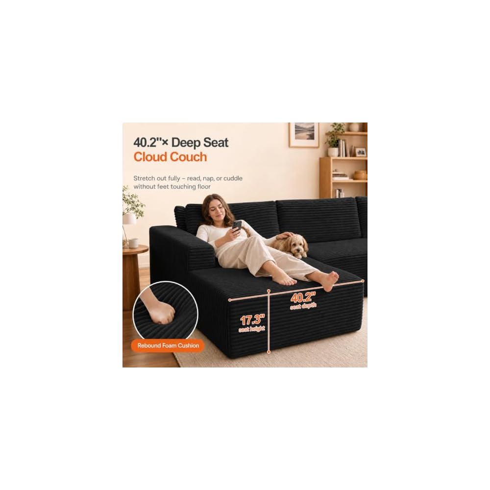 King Oasis 110" Boneless Modular Sectional Sofa with Chaise, Black