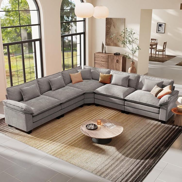 HUSFU 117" V Shaped Modern Modular Sectional Sofa,Cloud Couch with Corner Section, 5-Seat Chenille Deep Seat Sofa with 5 Pillows,Easy Assembly for Living Room,Office and Apartment,Gray