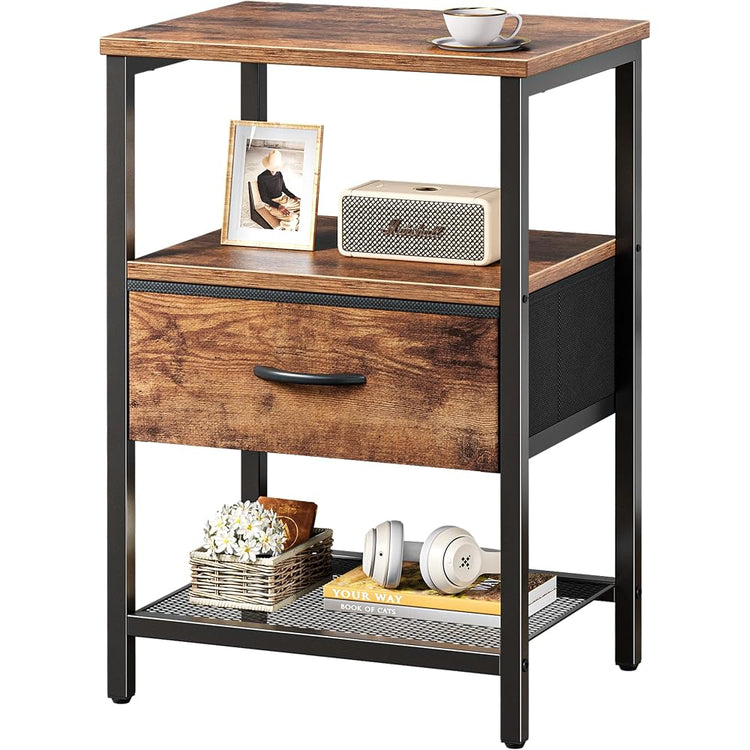 Huuger Nachttisch mit Stoffschublade, Beistelltisch mit Netzablage, Schlafzimmer-Nachttisch, Stoffschublade Kommode, offenes Regal, Metallrahmen, Wohnzimmer, Kinderzimmer, Couch-Seite, rustikales