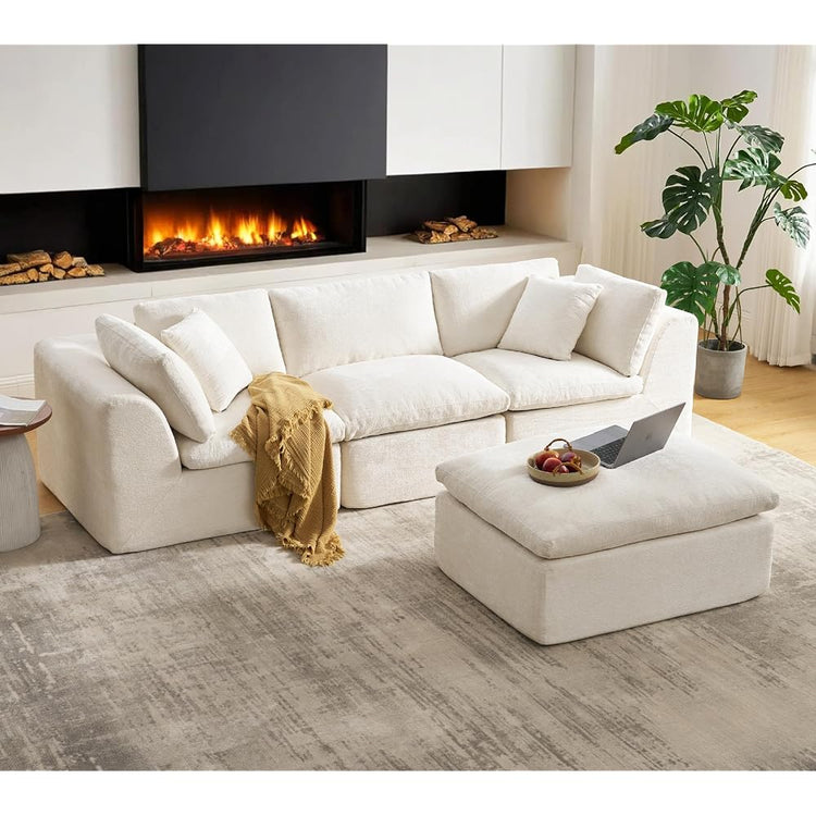 SITJOY 110" Boneless Sectional Couch, Modular Cloud Couch with Washable Covers, Soft Deep Seat Comfy Sofa with Chaise, 3 Seater L Shaped Sofa with Chaise, Chenille in White